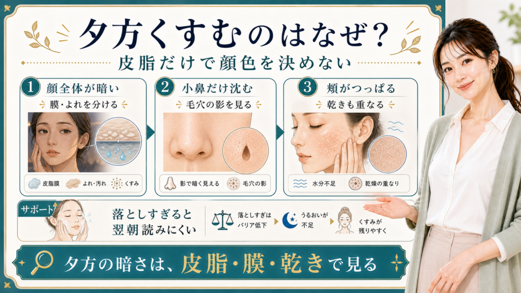 夕方のくすみを皮脂・メイク膜・小鼻の影・乾きで整理する美容解説ボード