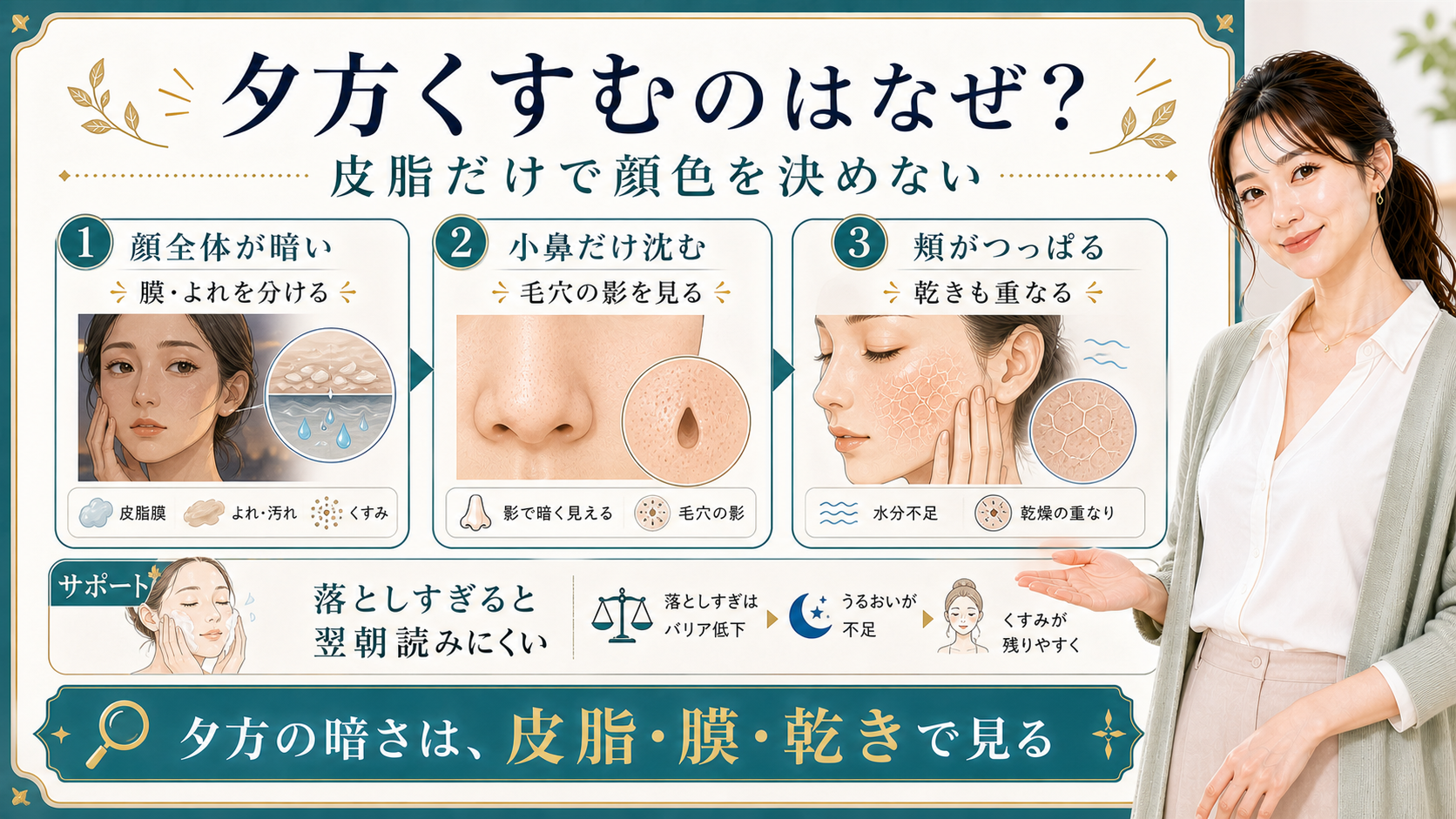 夕方のくすみを皮脂・メイク膜・小鼻の影・乾きで整理する美容解説ボード