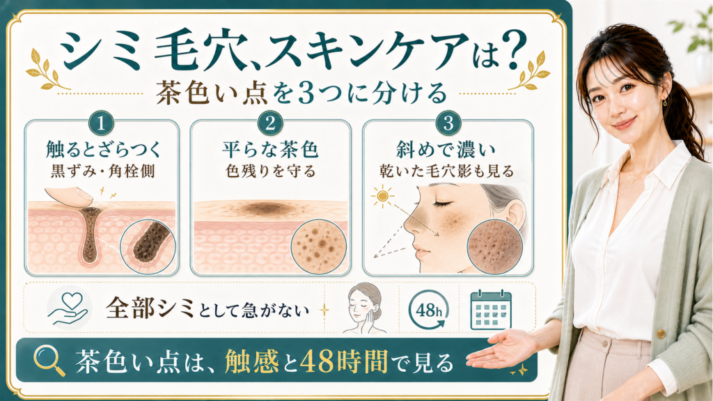 シミ毛穴をざらつき・平らな茶色・乾いた毛穴影で整理する美容解説ボード