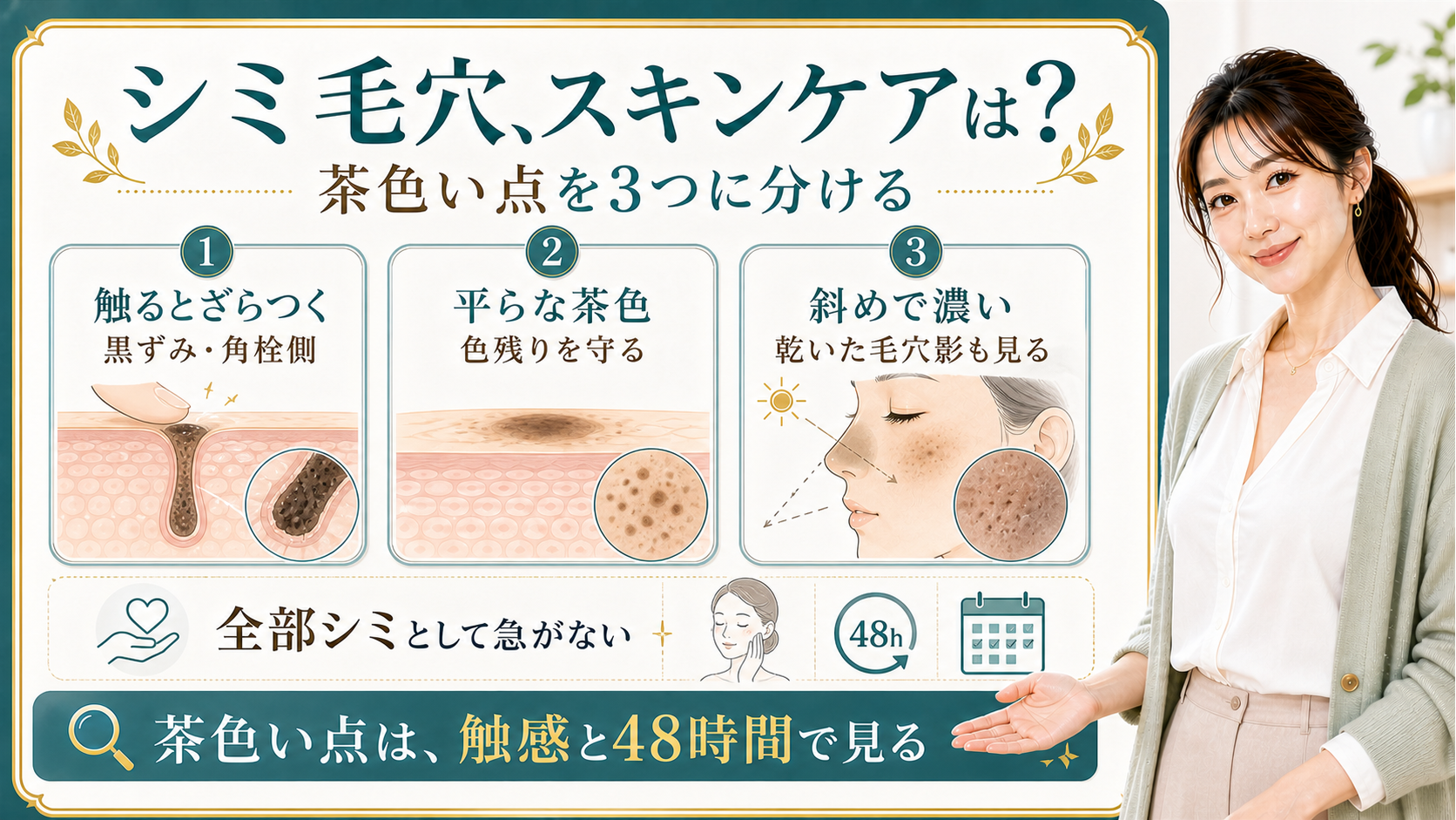シミ毛穴をざらつき・平らな茶色・乾いた毛穴影で整理する美容解説ボード