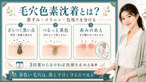 毛穴色素沈着をざらつく黒い点・つるっと茶色・赤みのあとで整理する美容解説ボード