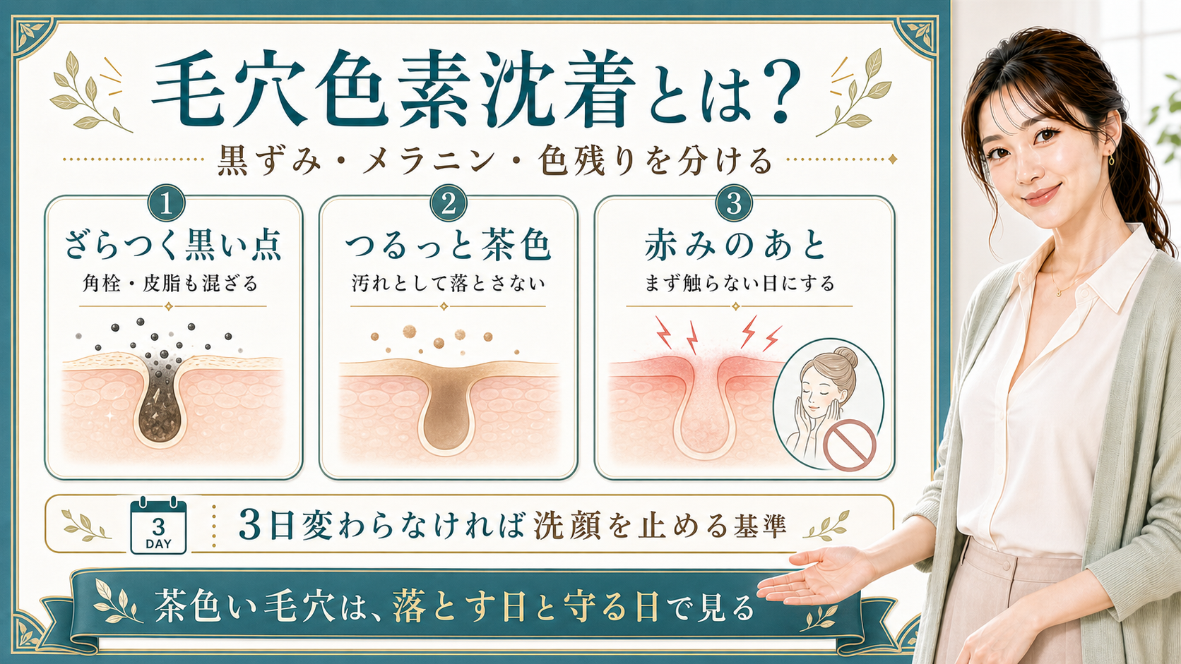 毛穴色素沈着をざらつく黒い点・つるっと茶色・赤みのあとで整理する美容解説ボード