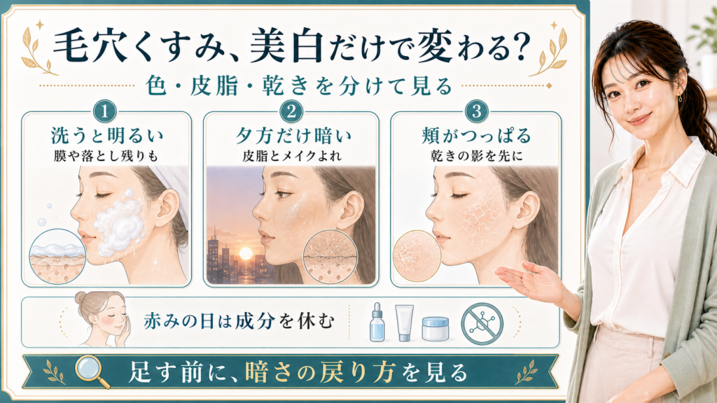 毛穴くすみを洗うと明るい・夕方だけ暗い・頬がつっぱるで整理する美容解説ボード