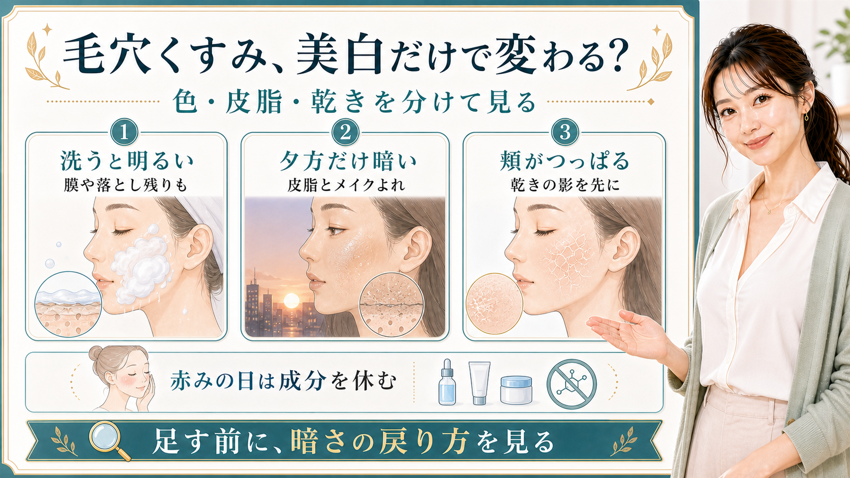 毛穴くすみを洗うと明るい・夕方だけ暗い・頬がつっぱるで整理する美容解説ボード