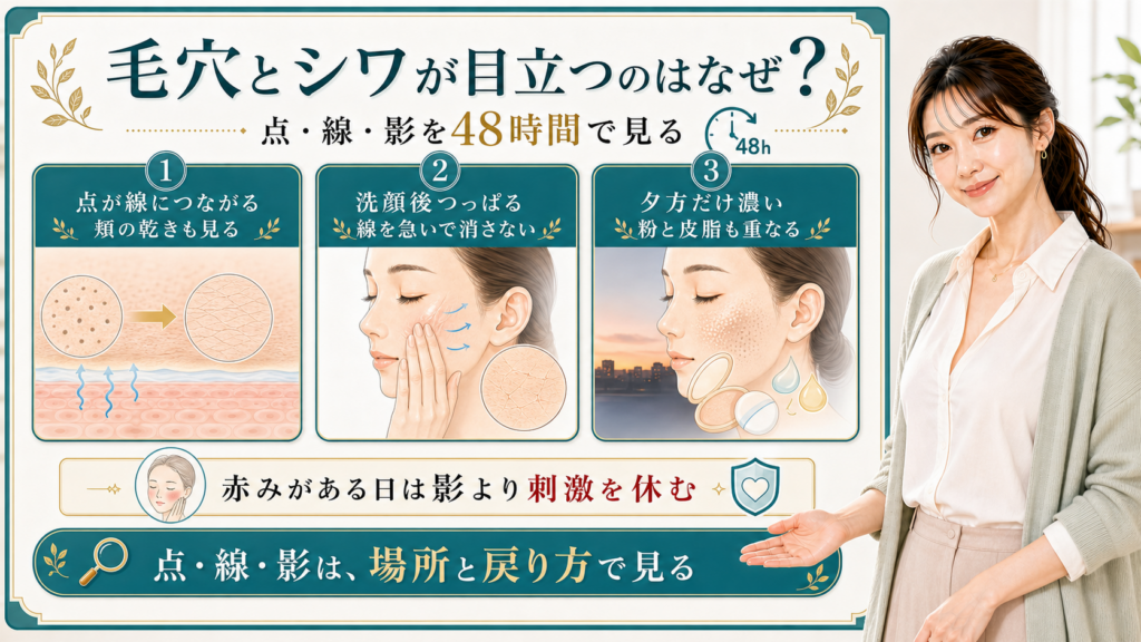 毛穴とシワを点・線・影と48時間の戻り方で整理する美容解説ボード