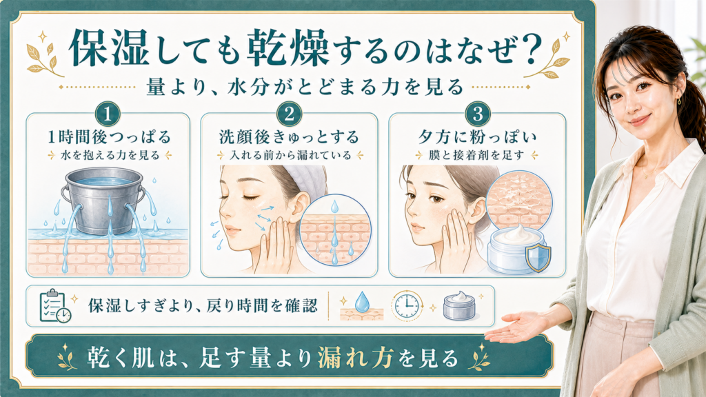 保湿しても乾燥する肌を1時間後のつっぱり・洗顔後のきゅっと感・夕方の粉っぽさで整理する美容解説ボード