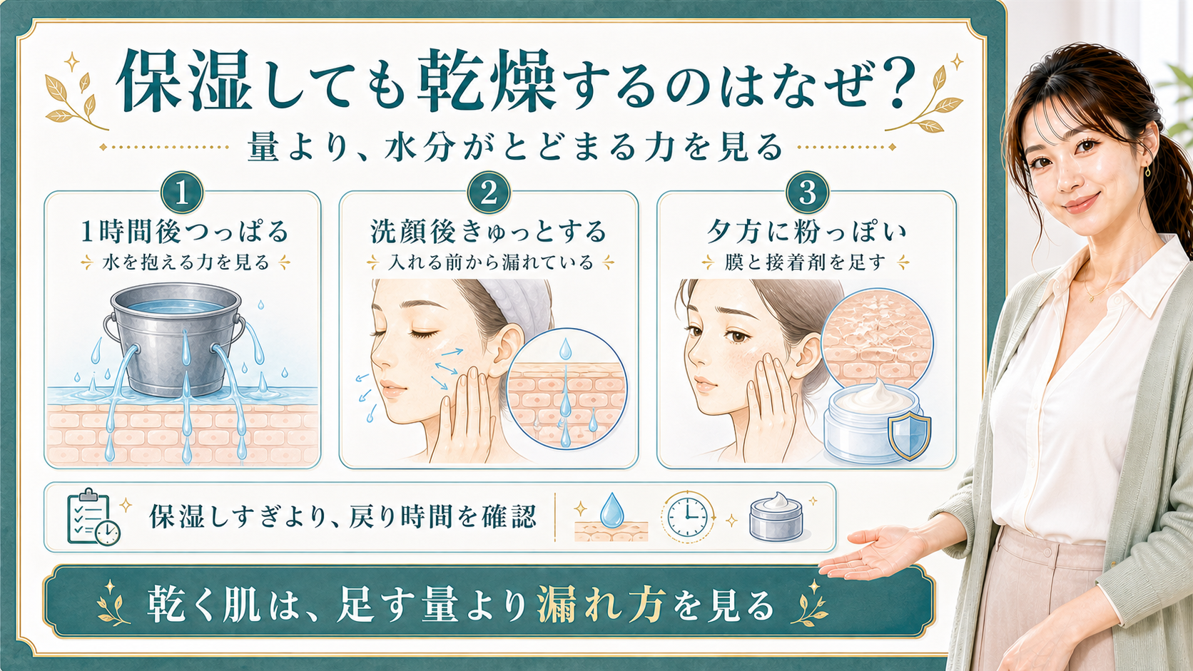 保湿しても乾燥する肌を1時間後のつっぱり・洗顔後のきゅっと感・夕方の粉っぽさで整理する美容解説ボード