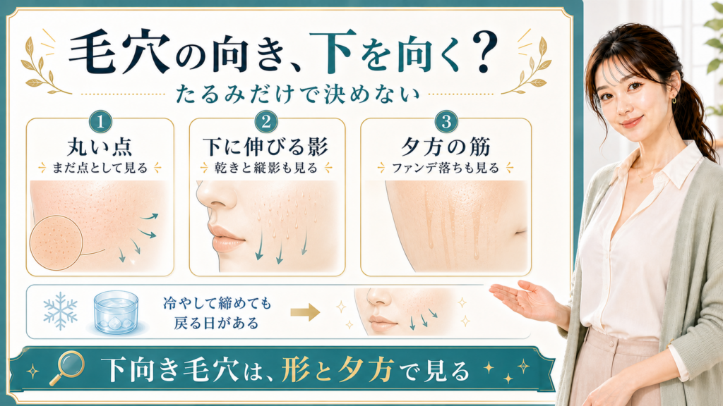 毛穴の向きを丸い点・下に伸びる影・夕方の筋で整理する美容解説ボード