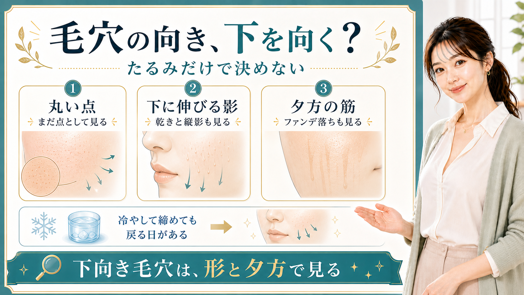 毛穴の向きを丸い点・下に伸びる影・夕方の筋で整理する美容解説ボード