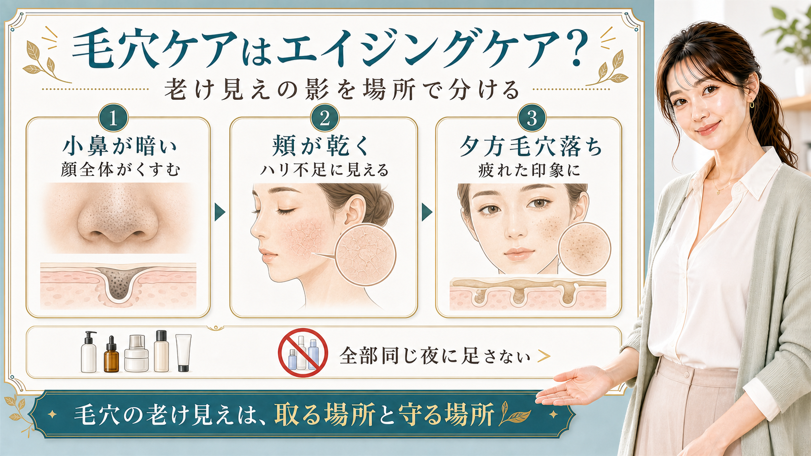 毛穴の老け見えを小鼻の暗さ・頬の乾き・夕方毛穴落ちで整理する美容解説ボード