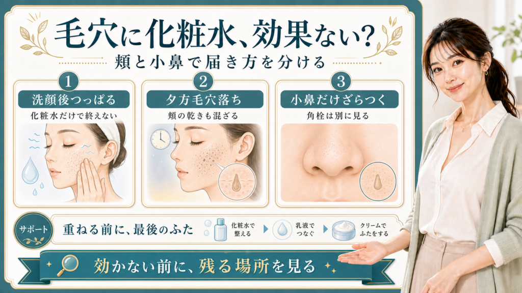 毛穴と化粧水の効果を洗顔後のつっぱり・夕方毛穴落ち・小鼻のざらつきで整理する美容解説ボード