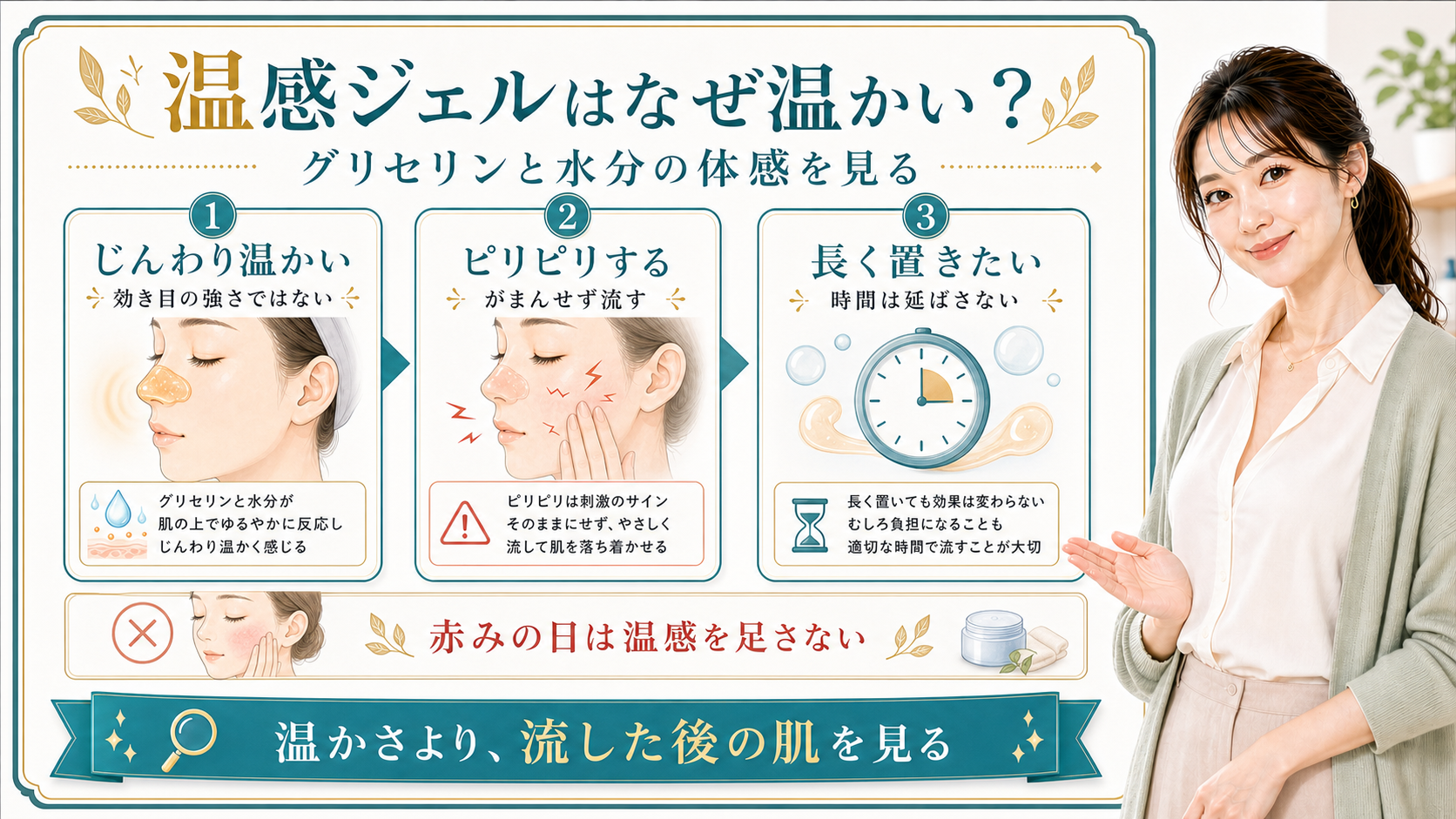 温感ジェルの仕組みをじんわり温かい・ピリピリする・長く置きたいで整理する美容解説ボード