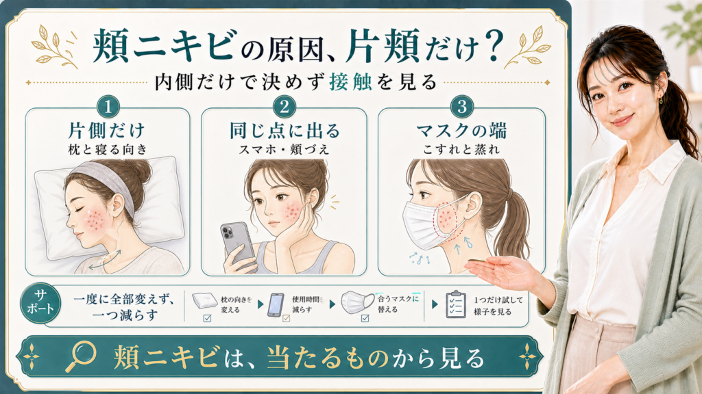 頬ニキビの原因を片側だけ・同じ点・マスクの端で整理する美容解説ボード