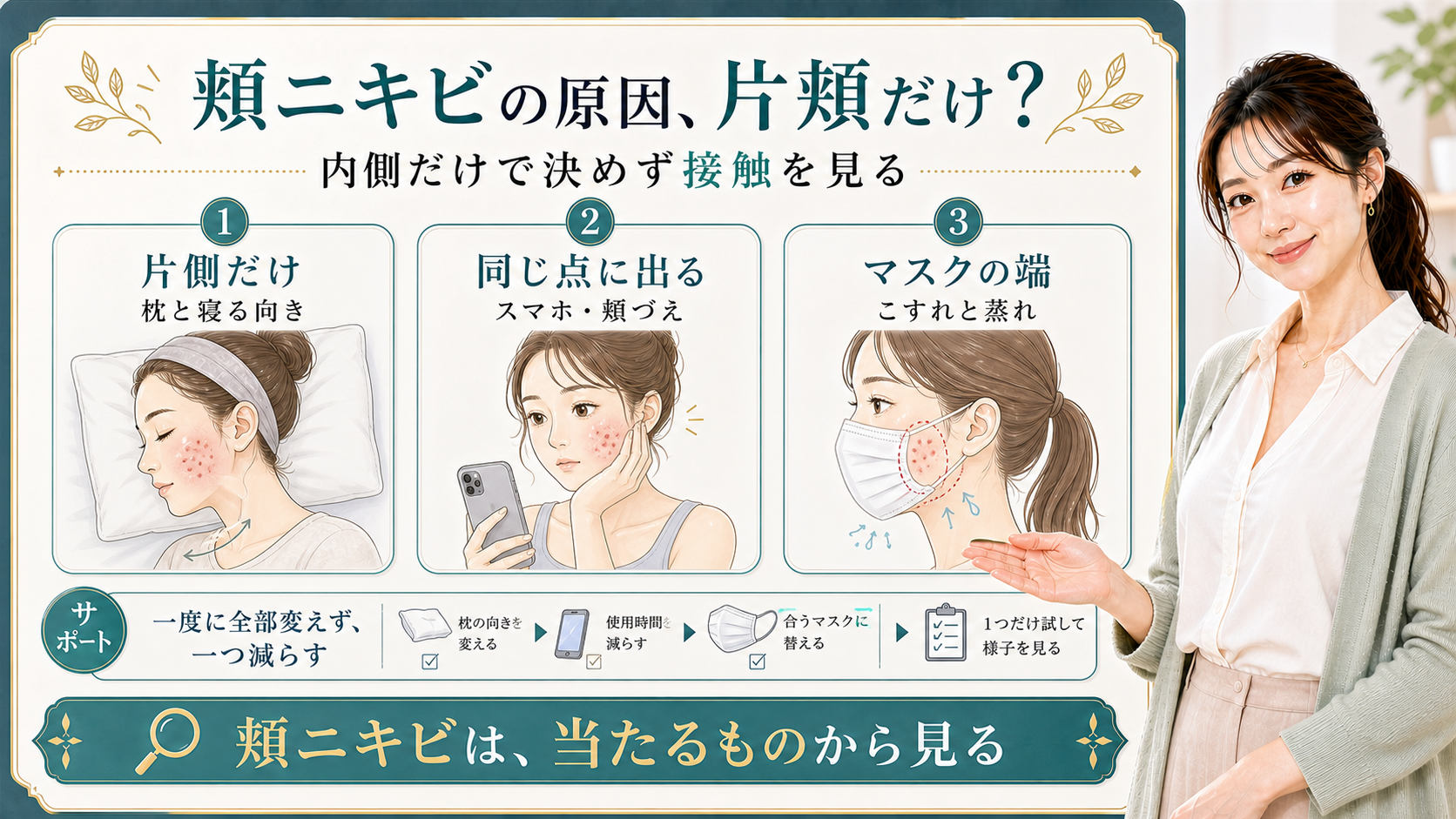 頬ニキビの原因を片側だけ・同じ点・マスクの端で整理する美容解説ボード