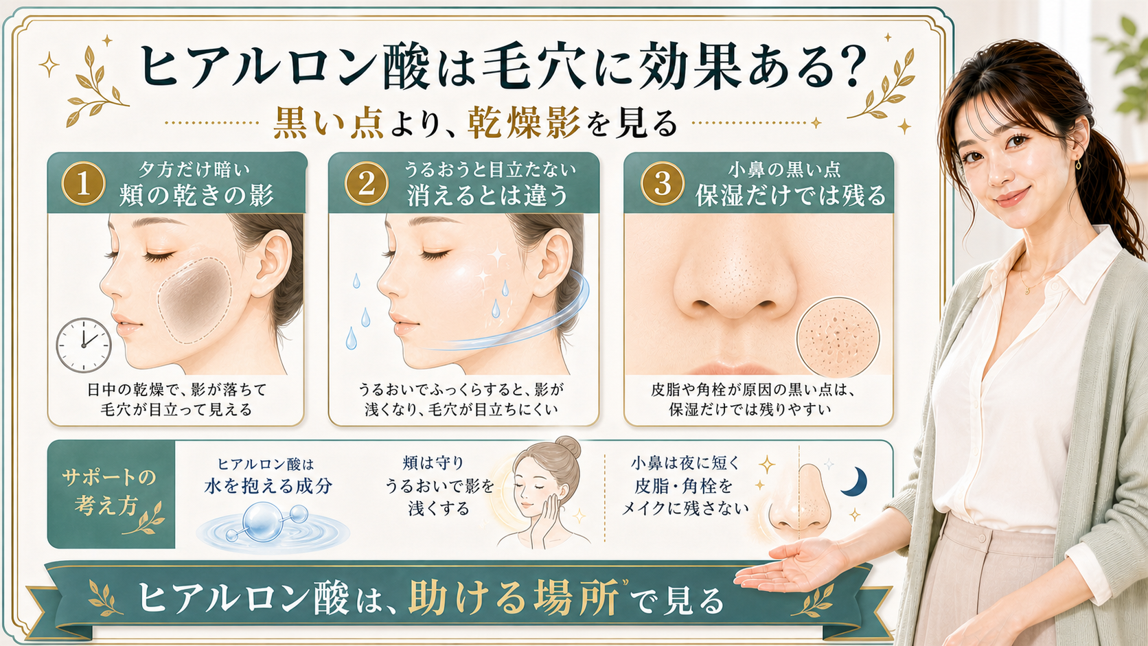 ヒアルロン酸と毛穴を夕方の頬の影・うるおい・小鼻の黒い点で整理する美容解説ボード