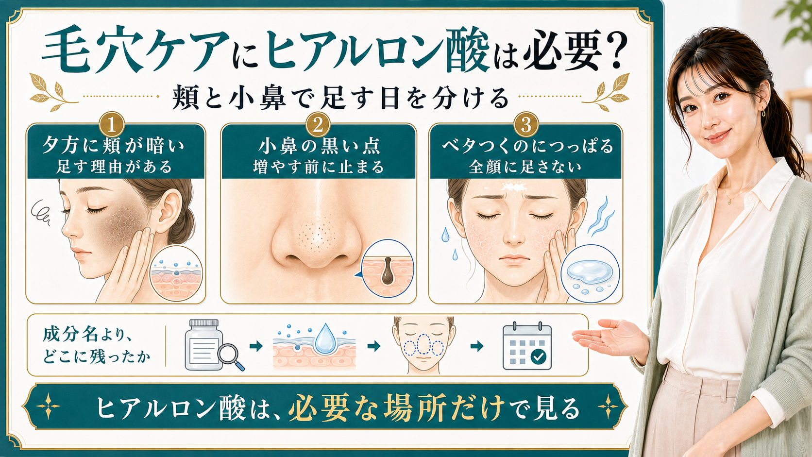 毛穴ケアのヒアルロン酸を頬の乾燥影・小鼻の黒い点・ベタつきで整理する美容解説ボード