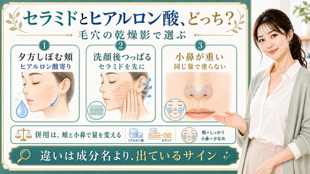 セラミドとヒアルロン酸の違いを夕方しぼむ頬・洗顔後つっぱる頬・小鼻の重さで整理する美容解説ボード