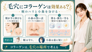 毛穴とコラーゲンを頬のハリ影・小鼻の黒い点・塗る飲む守るで整理する美容解説ボード
