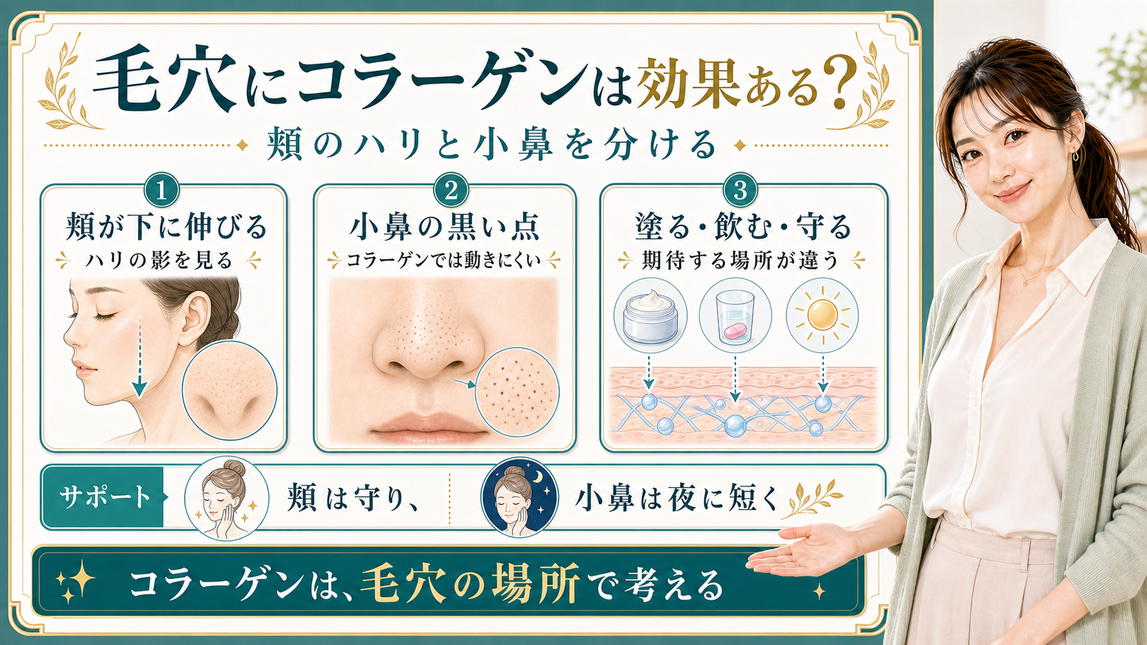 毛穴とコラーゲンを頬のハリ影・小鼻の黒い点・塗る飲む守るで整理する美容解説ボード