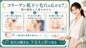 コラーゲン低下と毛穴をしずく形の頬・夕方の影・小鼻の黒い点で整理する美容解説ボード