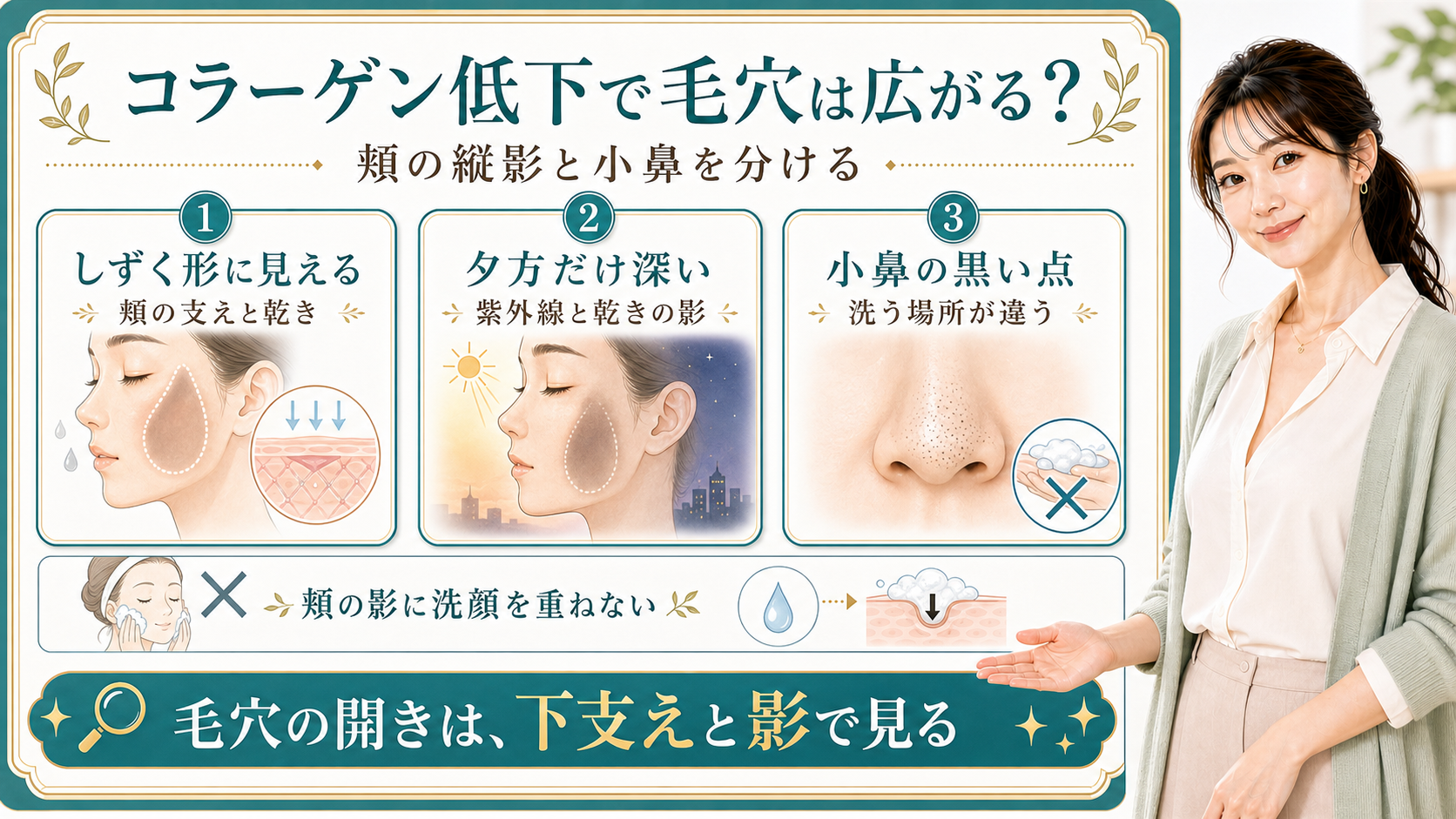 コラーゲン低下と毛穴をしずく形の頬・夕方の影・小鼻の黒い点で整理する美容解説ボード