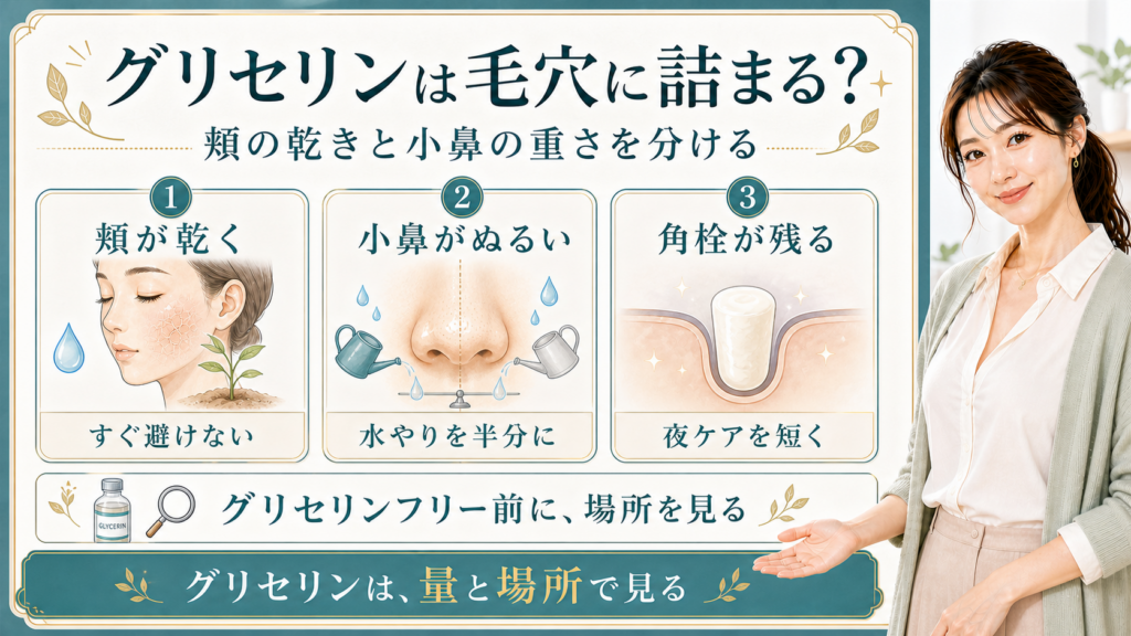 グリセリンと毛穴詰まりを頬の乾き・小鼻のぬるさ・角栓残りで整理する美容解説ボード