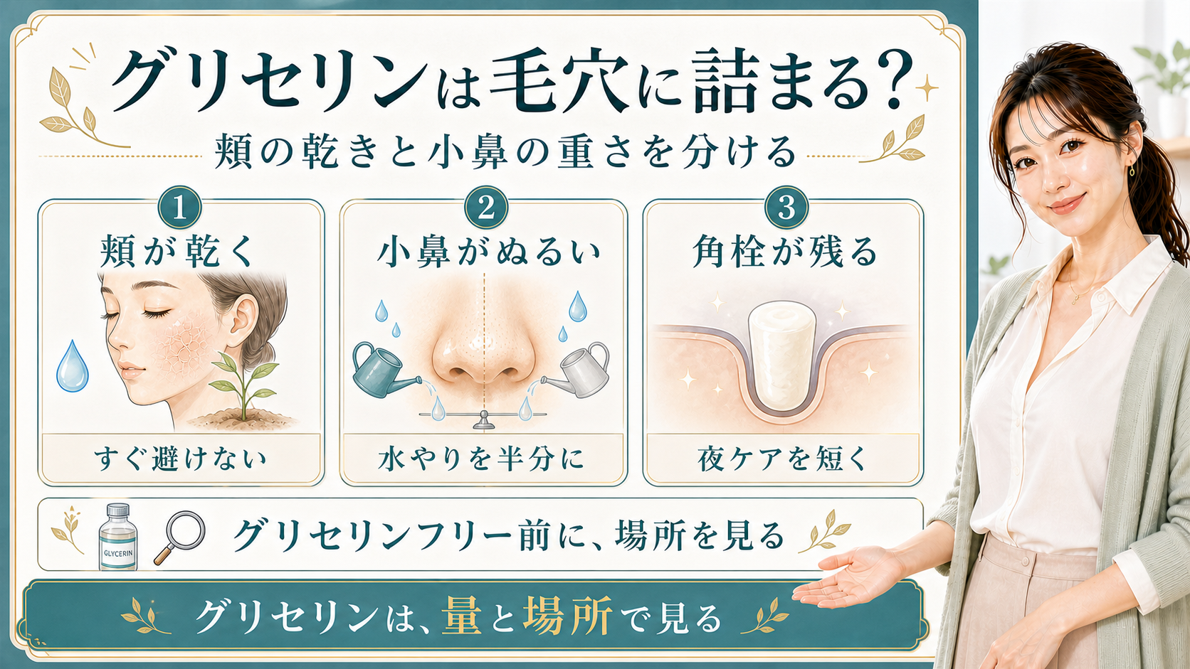 グリセリンと毛穴詰まりを頬の乾き・小鼻のぬるさ・角栓残りで整理する美容解説ボード