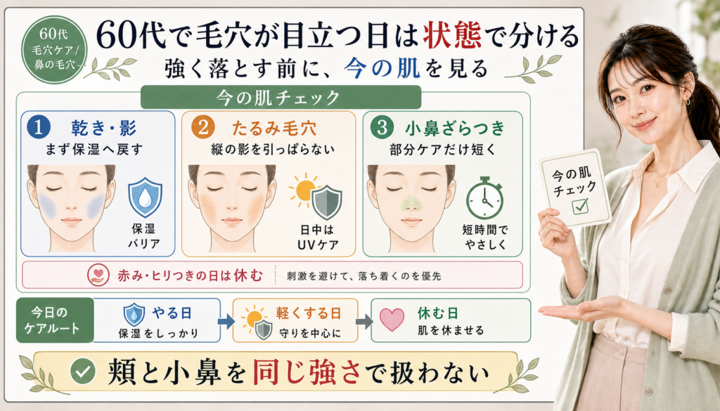 60代の毛穴ケアを乾き影たるみ毛穴小鼻ざらつきの状態で分ける解説アイキャッチ