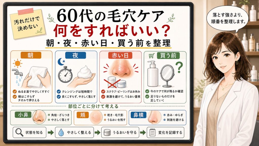 60代の毛穴ケアで朝・夜・赤い日・買う前に何をすればいいかを、文字被りのない女性解説者と大判ボードで整理したアイキャッチ
