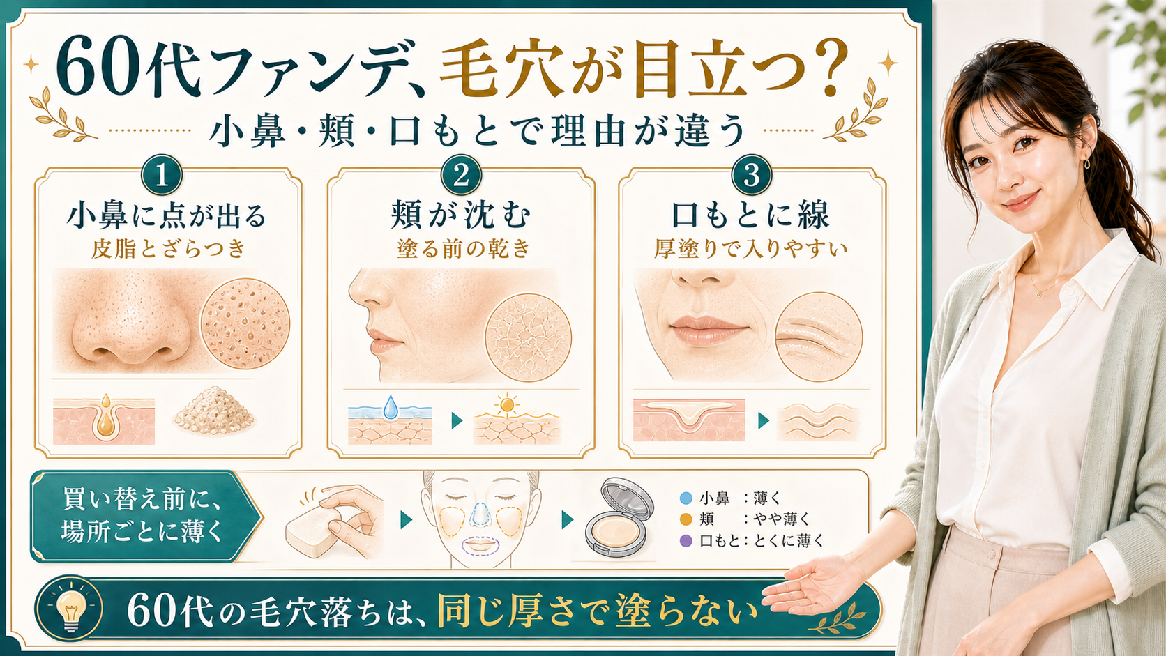 60代ファンデーションの毛穴目立ちを小鼻の点・頬の乾き・口もとの線で整理する美容解説ボード