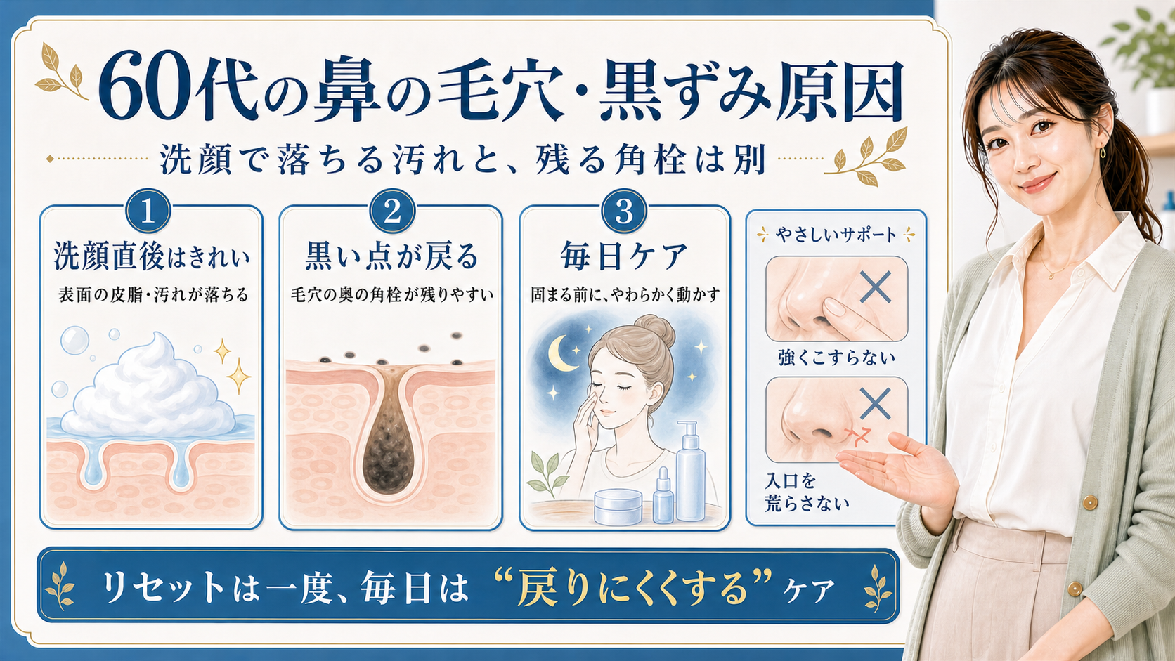60代の鼻毛穴と黒ずみの原因を、洗顔後・残る角栓・毎日ケアの3つで示すビューティーボード