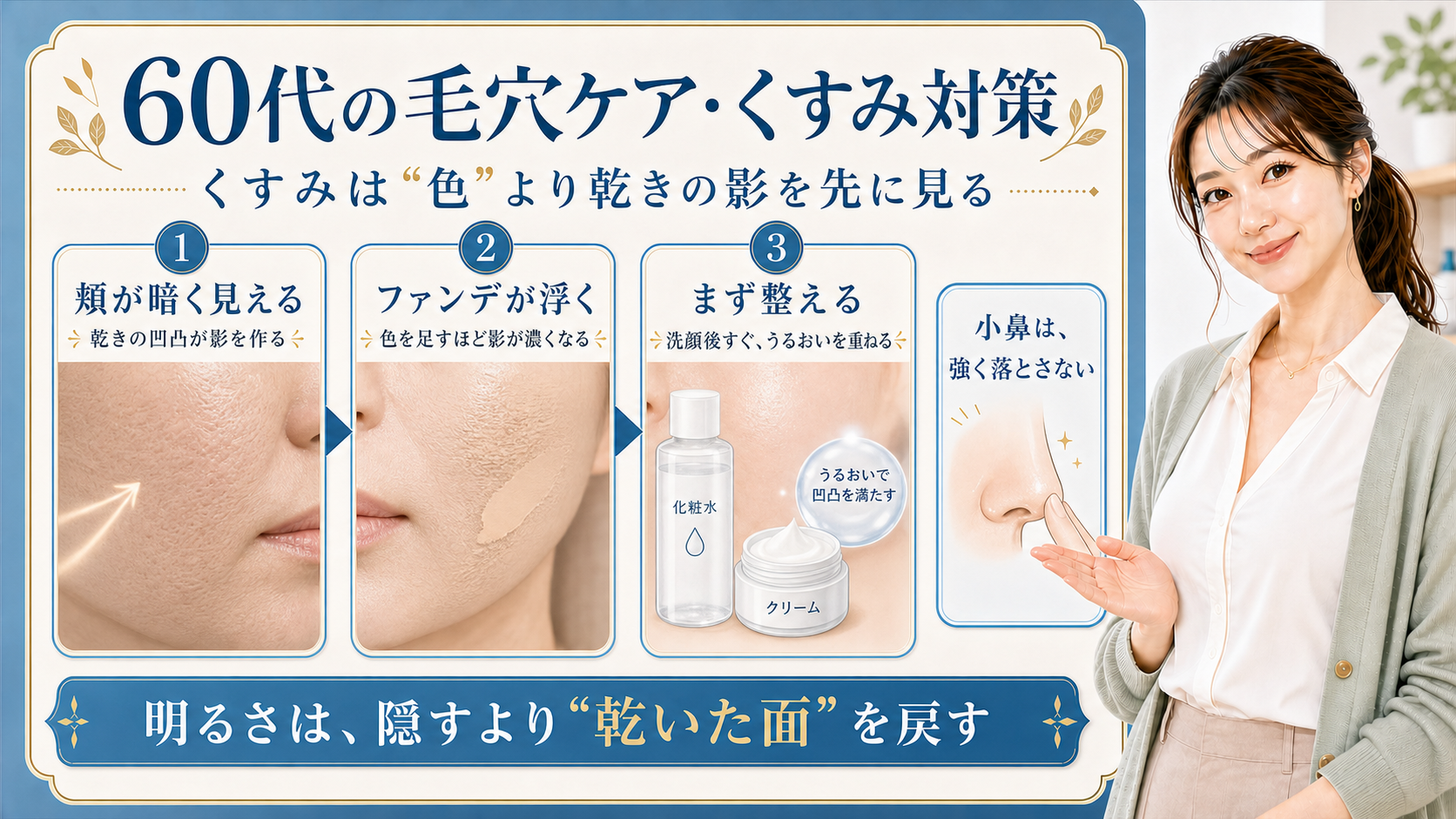 60代の毛穴ケアとくすみ対策を、乾きの影・ファンデの浮き・うるおいの3つで示すビューティーボード