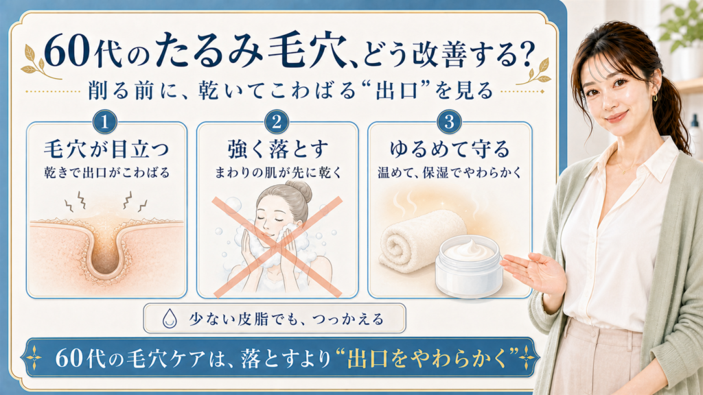 60代のたるみ毛穴改善を、乾きでこわばる出口・強く落とす影響・温めて保湿する順で示すビューティーボード
