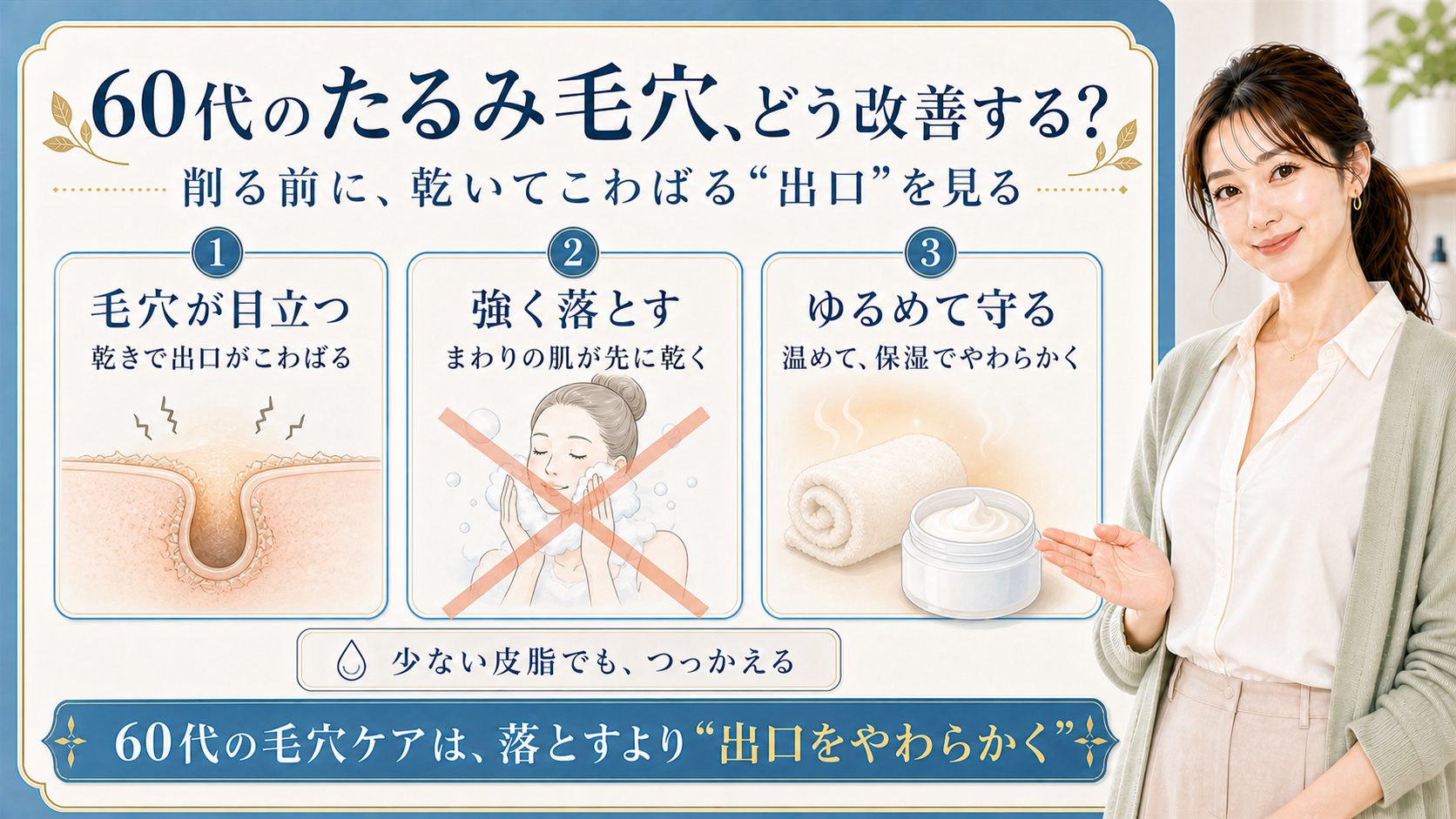 60代のたるみ毛穴改善を、乾きでこわばる出口・強く落とす影響・温めて保湿する順で示すビューティーボード