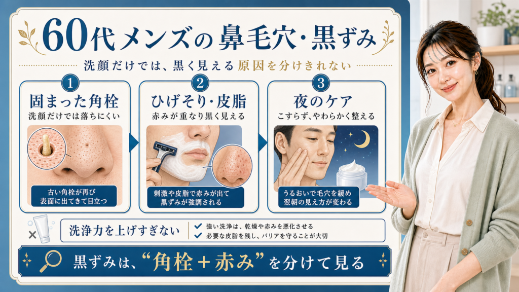 60代メンズの鼻毛穴と黒ずみを、角栓・ひげそりと皮脂・夜ケアの3つで示すビューティーボード