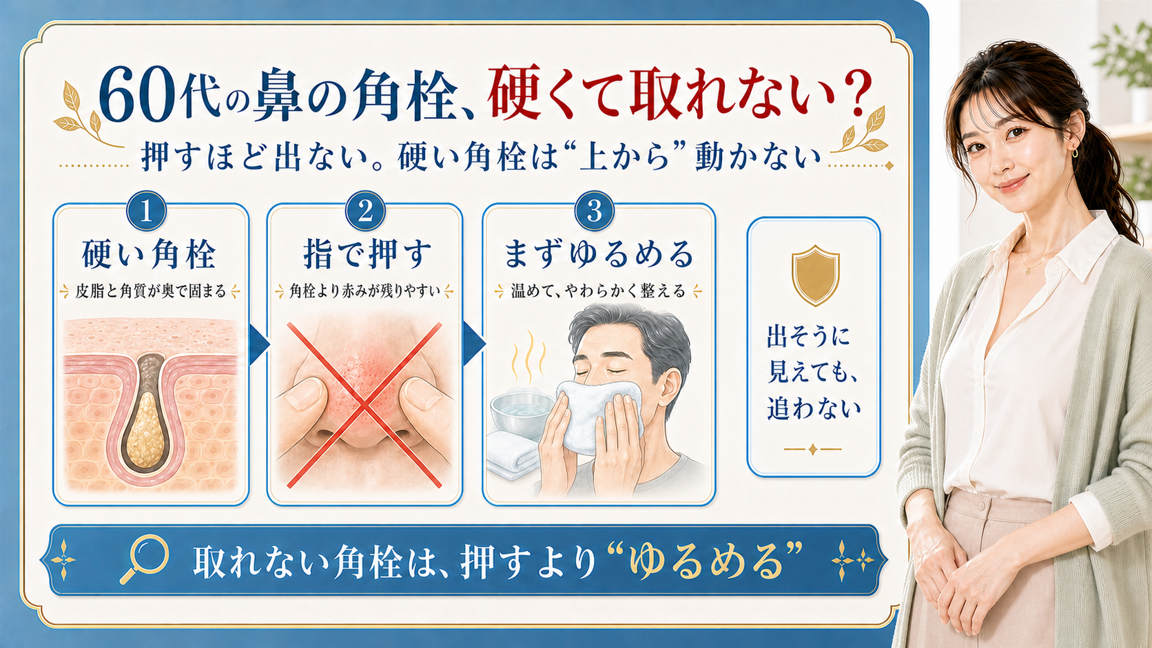 60代の硬くて取れない鼻角栓を、固まる理由・押す影響・温めてゆるめる順で示すビューティーボード