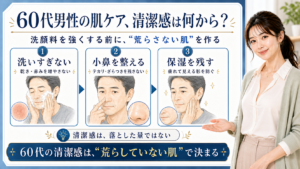 60代男性の清潔感ある肌ケアを、洗いすぎない・小鼻を整える・保湿を残す3つで示すビューティーボード