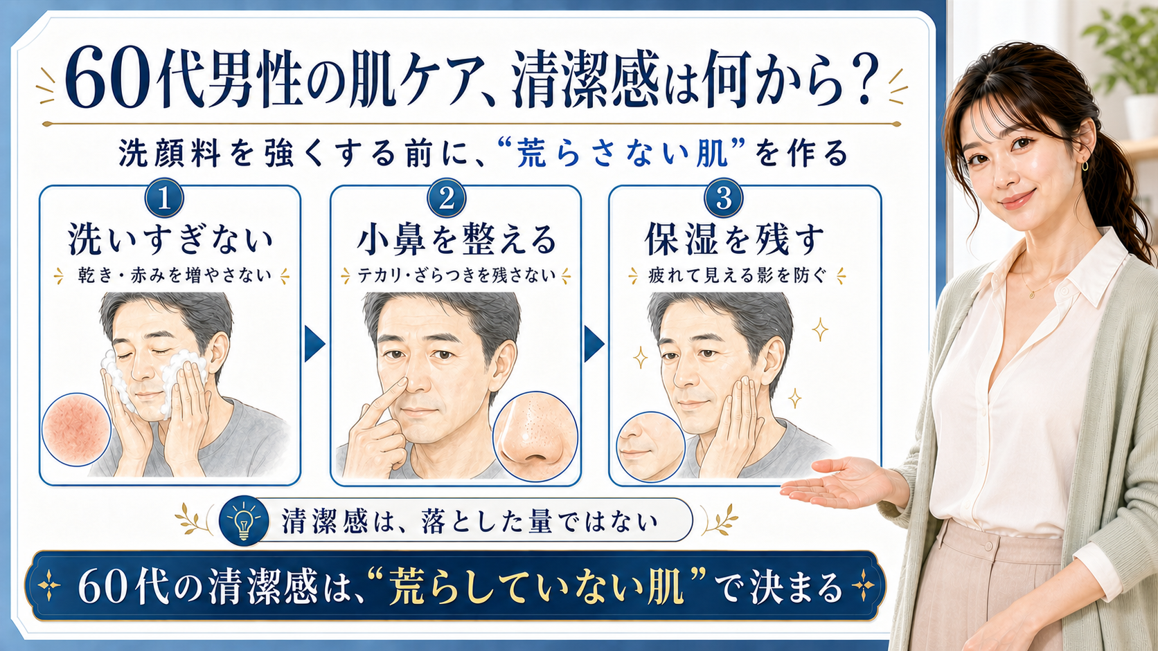60代男性の清潔感ある肌ケアを、洗いすぎない・小鼻を整える・保湿を残す3つで示すビューティーボード
