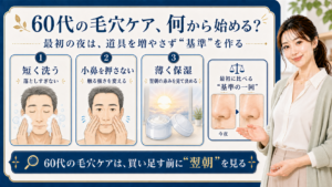 60代の毛穴ケアを何から始めるかを、短く洗う・小鼻を押さない・薄く保湿する順で示すビューティーボード
