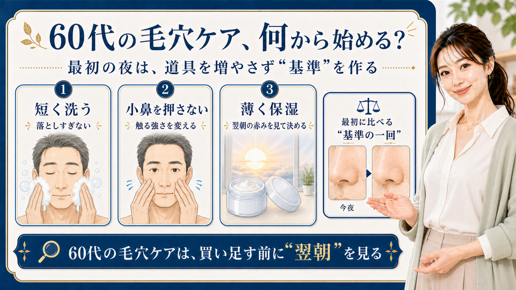 60代の毛穴ケアを何から始めるかを、短く洗う・小鼻を押さない・薄く保湿する順で示すビューティーボード