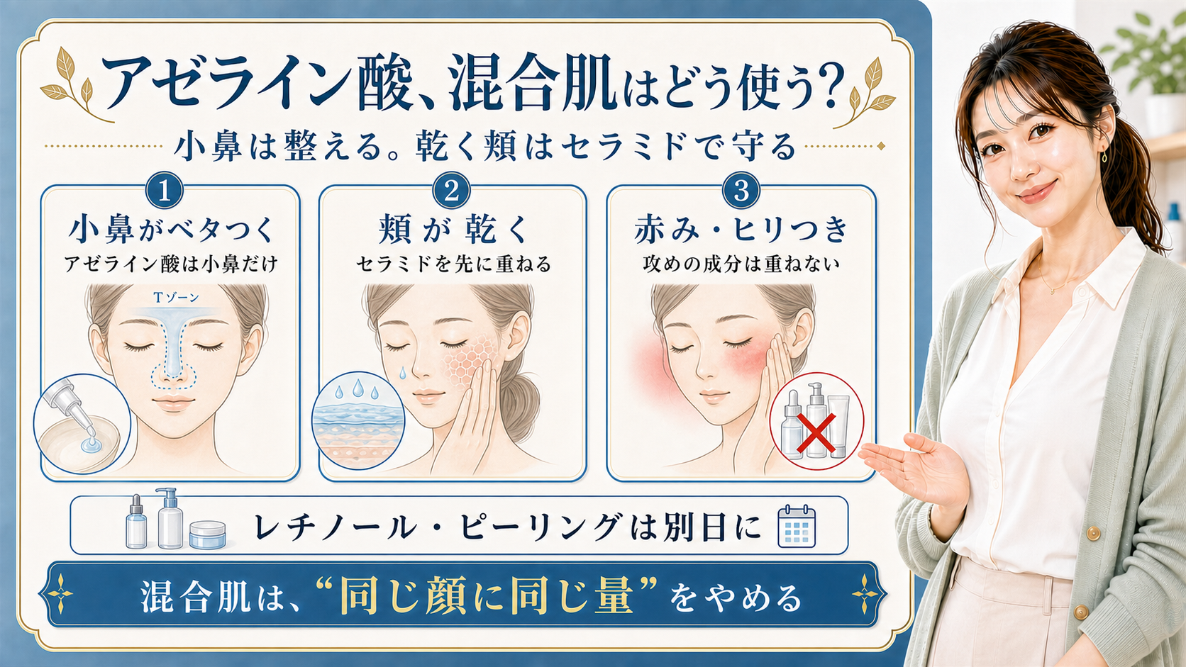 混合肌でのアゼライン酸の使い方を、小鼻・乾く頬・赤みの3つに分けて示すビューティーボード