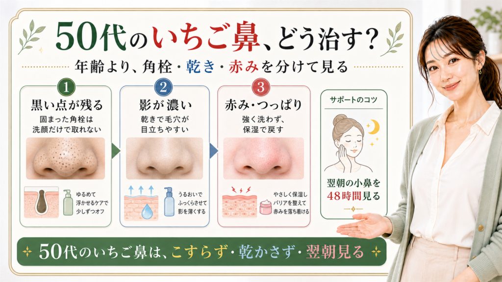 50代のいちご鼻の治し方を、角栓・乾き・赤みの3つに分けて示すビューティーボード