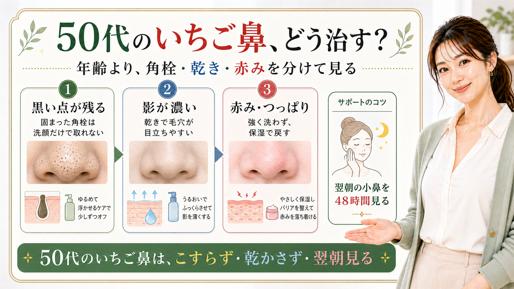 50代のいちご鼻の治し方を、角栓・乾き・赤みの3つに分けて示すビューティーボード