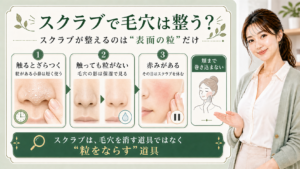 スクラブで毛穴は整うかを、ざらつき・毛穴の影・赤みの3つに分けて示すビューティーボード
