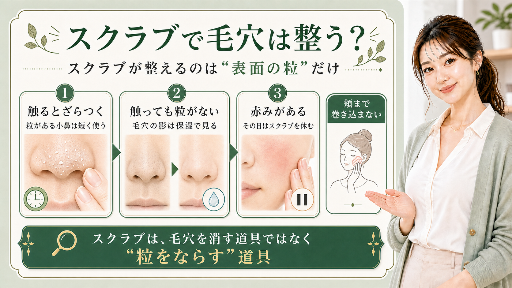 スクラブで毛穴は整うかを、ざらつき・毛穴の影・赤みの3つに分けて示すビューティーボード