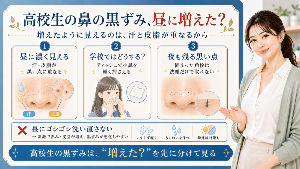高校生の鼻の黒ずみが昼に濃く見える理由を、汗と皮脂・学校での対処・残る角栓の3つで示すビューティーボード