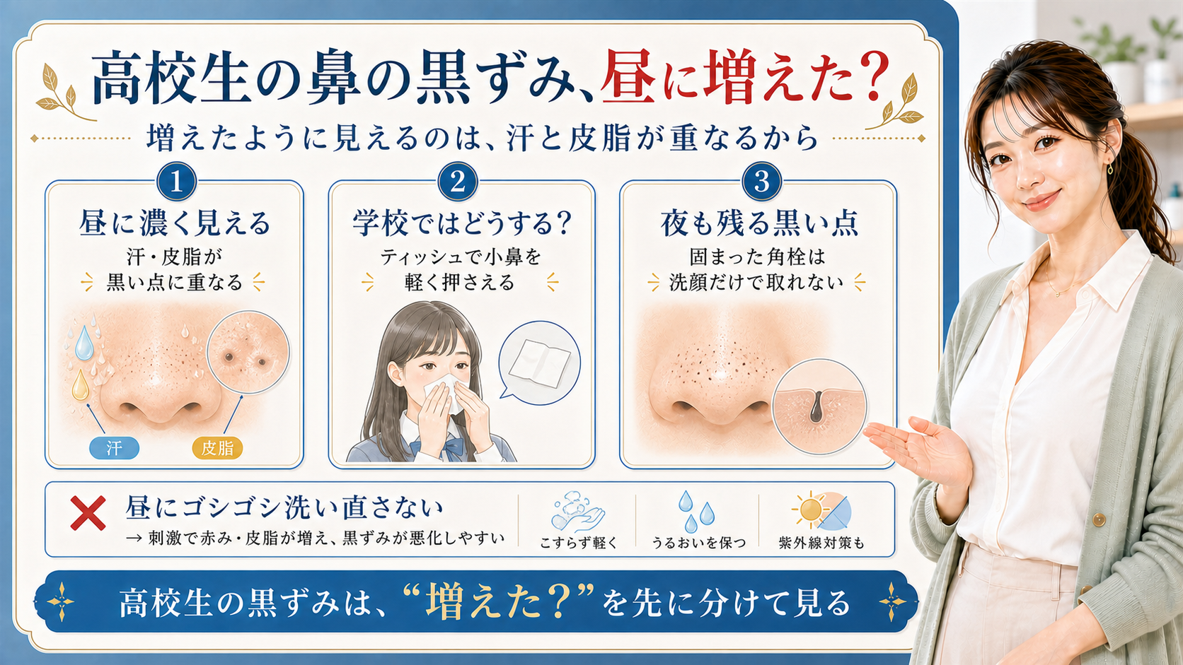 高校生の鼻の黒ずみが昼に濃く見える理由を、汗と皮脂・学校での対処・残る角栓の3つで示すビューティーボード