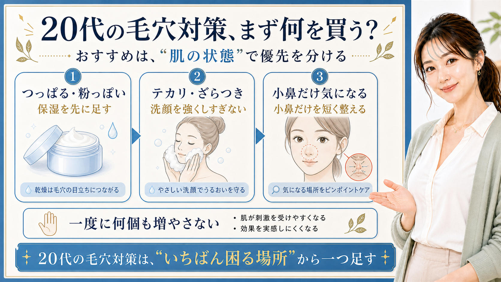 20代の毛穴対策でまず何を買うかを、保湿・洗顔・小鼻ケアの3つに分けて示すビューティーボード