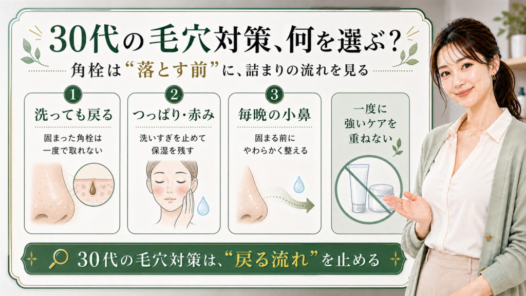 30代の毛穴対策を、洗っても戻る角栓・つっぱりと赤み・毎晩の小鼻ケアで示すビューティーボード