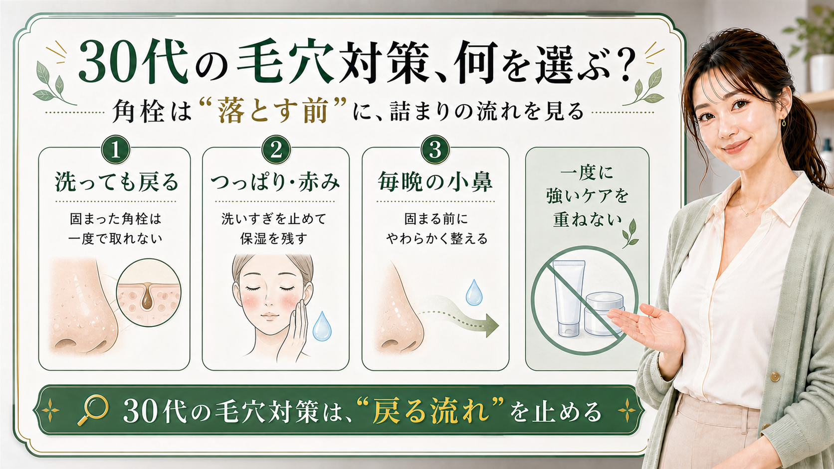 30代の毛穴対策を、洗っても戻る角栓・つっぱりと赤み・毎晩の小鼻ケアで示すビューティーボード